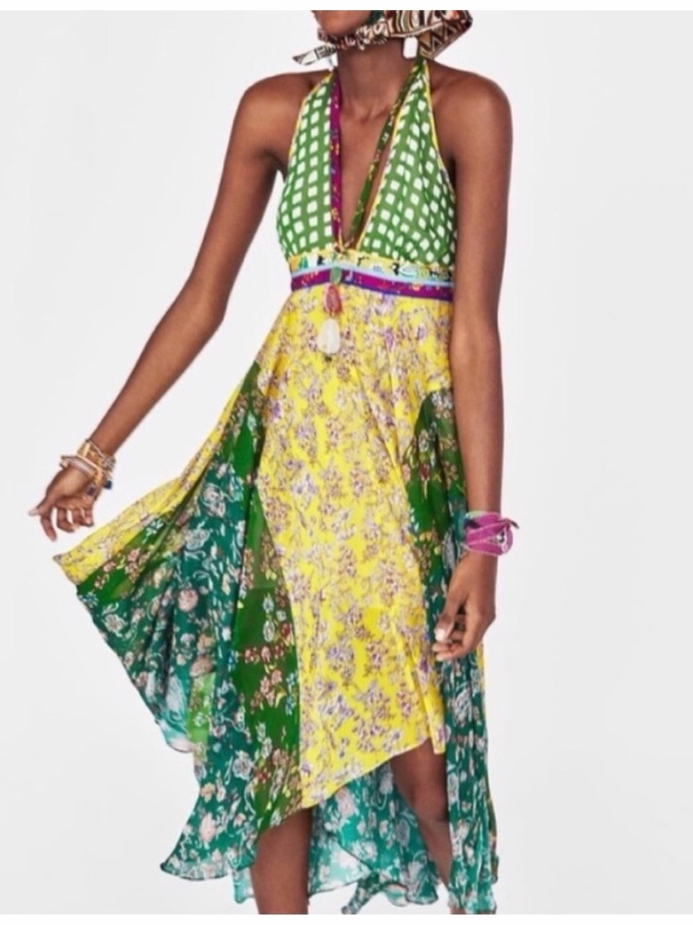 ZARA Asymmetrical Patchwork Green Boho Bloggers Favorite Halter Dress - Picture 5 of 8
